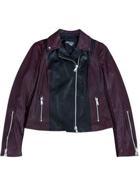 VINCE Lambskin Leather Two Tone Moto Jacket Black Burgundy Women’s Size M EUC
